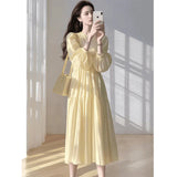 Yellow Bubble Sleeve Collar Dress Women Spring Lazy Wind Loose Waist Thin Swing A Word