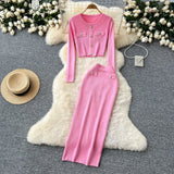 Fragrant High-Sense Metal Buckle Repair Short Long-Sleeved Knitting Top Female High-Waisted Hip Skirt