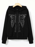 Rhinestone Skeleton Pattern Zip Up Drawstring Thermal Hoodie E-girl Streetwear Diamond Harajuku Jacket New Autumn