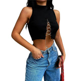 Women Crop Tops y2k Solid Color Slim Fit Front Hollow Out Bandage Sleeveless Tank Tops Basic Harajuku Tanks and