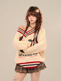 Brown V-neck Letter Print Oversize Sweater-Outfit