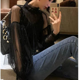 New Fashion autumn Women's Sweet Beads Bubble Sleeve Pearls Button Gauze Blouses Ladies Elegant Mesh Shirt Blusas