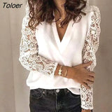Patchwork Lace Sleeve Women Blouse Vintage V Neck Loose Female Shirts White Long Sleeve Blouses Tops Women Clothes