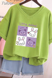 Plus Size T Shirt 100% Cotton L-5XL Tshirt Short Sleeve Women Top 2023 Summer Cartoon T Shirt V Neck Oversized T