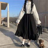 Gothic Lolita Long Skirt Women Harajuku Ruffle Strap Black Skirt High Waist Soft Girl Japanese Kawaii Streetwear