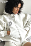 Loose Zip Up Hoodies Women Autumn Winter Embroidery White Hood Shirt Y2K Harajuku Streetwear Jacket Vintage
