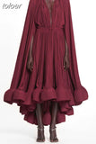 Temperament Dresses For Women Stand Collar Cloak Sleeve High Waist Ruffles Irregular Hem Dress Female Fashion