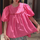 Loose Pullover Shirt For Women Round Neck Puff Sleeve Patchwork Pullover Blouses Female Summer Clothing Style