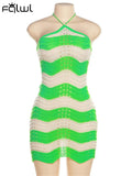 Summer Sexy Halter Bodycon Mini Dresses For Women 2023 Club Sleeveless Bandage Knit High Waist Mini Dress Striped