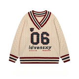 Brown V-neck Letter Print Oversize Sweater-Outfit