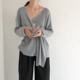 Korean Style Chic New Women Elegant V-Neck Bandage Long Sleeve Sweater Female Loose Casual Knitwear Female Fashion Knitted