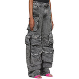 Toloer Spring And Autumn New Fashion Smoke Gray Splicing Multi-Pocket Cargo Pants Street Water To Make Old Long Wide-Leg Pants-Outfit