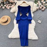 Women Korean Knitted Dress Long Sleeve Slash Neck Elastic Slim Pencil Dresses 2022 Autumn Sexy Bodycon Split Sweater