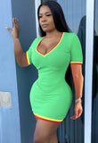 Causal V-neck Short Sleeves Contrast Knit Stripes Mini Bodycon