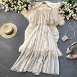 Sexy Slash Neck Chiffon Long Dress Women Red/Green/Purple Irregular Ruffle Short Sleeve High Waist Beach Vestidos Female