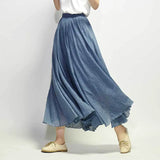 Elegant High Waist Linen Maxi Skirt 2020 Summer Ladies Casual Elastic Waist 2 Layers Skirts saia