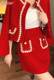 Winter Fashion Plaid Red Tweed Two Piece Set Women Pearls Single Breasted Fringed Woolen Jackets Coat + Pocket Mini