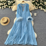 2025 New Elegant Solid Dress Round Collared Loose Hair Splicing 100 Folding Long