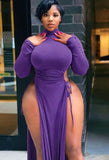 Plus Size Sexy High-Neck Long Sleeve Wasit Tie Slit Long