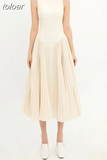 Elegant Pleated Dresses For Women Stand Collar Sleeveless High Waist Tunic Solid Slimming Dress Femlae Summer