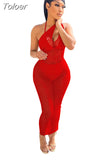 Hollow See Through Beach Maxi Dress for Women Sexy One Shoulder Backless Bandage Bikini Cover Up Sleeveless Boho