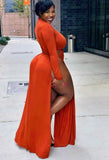 Plus Size Sexy High-Neck Long Sleeve Wasit Tie Slit Long