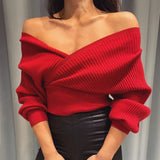 Women Knitting Sweaters V-Neck Lantern Sleeve Loose Streetwear Casual Femme Thick Warm Pullovers Knitwear