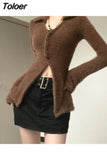 Button Up Slit Knitted Long Cardigan Brown Casual Elegant Fashion Turn-down Collar Jumper Vintage Grunge Jacket