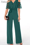 Women Sexy Off The Shoulder Wide Leg Jumpsuit Summer V Neck Loose Jumpsuits Elegant Office Lady Belt Vetidos Mujer