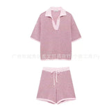 Shirt Loose Blouse Draw Rope Shorts Knitted Women's Two-Piece Fashion