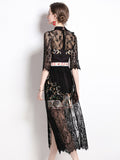 Women Summer Dress Runway Design Vintage Printed Lace Stitching Long Dress Fashion Fake Two Elegant Dress