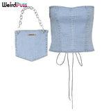 Puss Women Drawstring Lace Up Strappy Denim Tube Top Corset + Bag Matching Strapless Slim Clubwear Fashion Slim