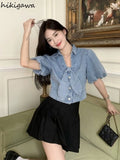 Blouse Women Blusas De Mujer 2023 Chic Short Sleeve Bandage Bow Denim Shirt Y2k Crop Tops Summer Casual Vintage