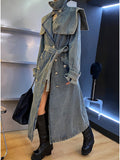 Fashion Women's Denim Jackets Loose Big Double Layer Collar Single Breasted Long Sleeve Sashes Coat Winter 2023 New