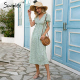 Party Women floral print dress Elegant women puff sleeve a line v neck sash dress High waist work wear office lady dress