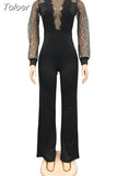 Fashion Mesh Sequin One Piece Jumpsuit Women Turtleneck Lantern Long Sleeve Romper Luxury High Waist Wide Leg Body
