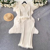 High-End Small Fragrant Style Two Sets Of Women's Atmosphere Knitted Open Fork Shirt