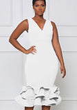 Sexy V-neck Sleeveless Solid Ruffles Layered Midi