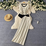 Sense Of The Color Short Sleeve Knitted Cardigan Top + High Waist Long Skirt Summer Wearing Two
