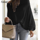 Women Fashion Casual Brief Slash Neck Long Sleeve Autumn Solid Blouse Tops Off Shoulder Lantern Sleeve Ribbed