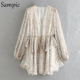 Sexy Women Chiffon Leopard Print Long Puff Sleeve Mini Party Dress Night Club Black Beige V Neck 2021 Summer Beach