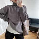 Winter Women's Turtleneck Sweater Pullover Women Zipper Turn Down Beige Knitted Oversize Jumper Loose Vintage Warm