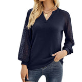Casual Long Sleeve Women Tshirts V Neck Lace Mesh Long Sleeve Tops Female Vintage Clothes Loose Tees Shirts Blusas