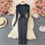 Women Shiny Knitted Dress Long Sleeve O Neck Elastic Slim Pencil Dresses Autumn Sexy Bodycon Streetwear Sweater