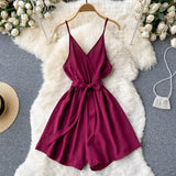Backless Strap Rompers Women Fashion Sleeveless V Neck Solid Short Jumpsuits Summer Korean Wide Leg