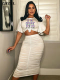 Print Two Piece Sets Women Hipster Y2K Butterfly Sleeve T-shirt+high Waist Ruched Mid Calf Skirt Cool Matching