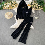 Three-Piece Women's Winter Casual Zipper Knitted Coat + Embroidered Vest + High-Waisted Wide