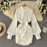 Women Fashion Korean Dress Stand Collar Long Sleeve Ruched Solid Dresses 2022 New Spring Slim Streetwear Short