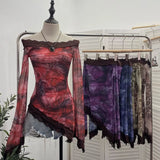 Leopard Print Lace Spliced Double-Layer Mesh Shoulder Irregular Loudspeaker Top