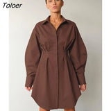 Autumn Winter Bodycon Dress Women Khaki Long Sleeve Pleated Shirt Dress Office Ladies Solid Lapel Casual Mini